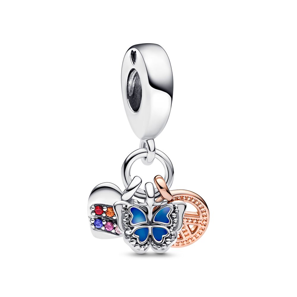 FINAL SALE - Pandora Two-Tone Rainbow Heart, Butterfly & Peace Triple Dangle Charm