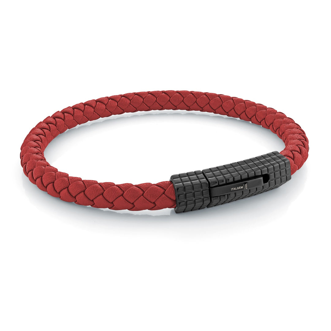 Italgem Steel Red Leather & Black Steel Bracelet