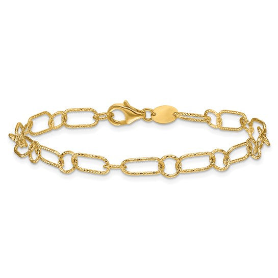 14k Yellow Gold Polished and Textured 5.5mm Fancy Link 7.5" Bracelet