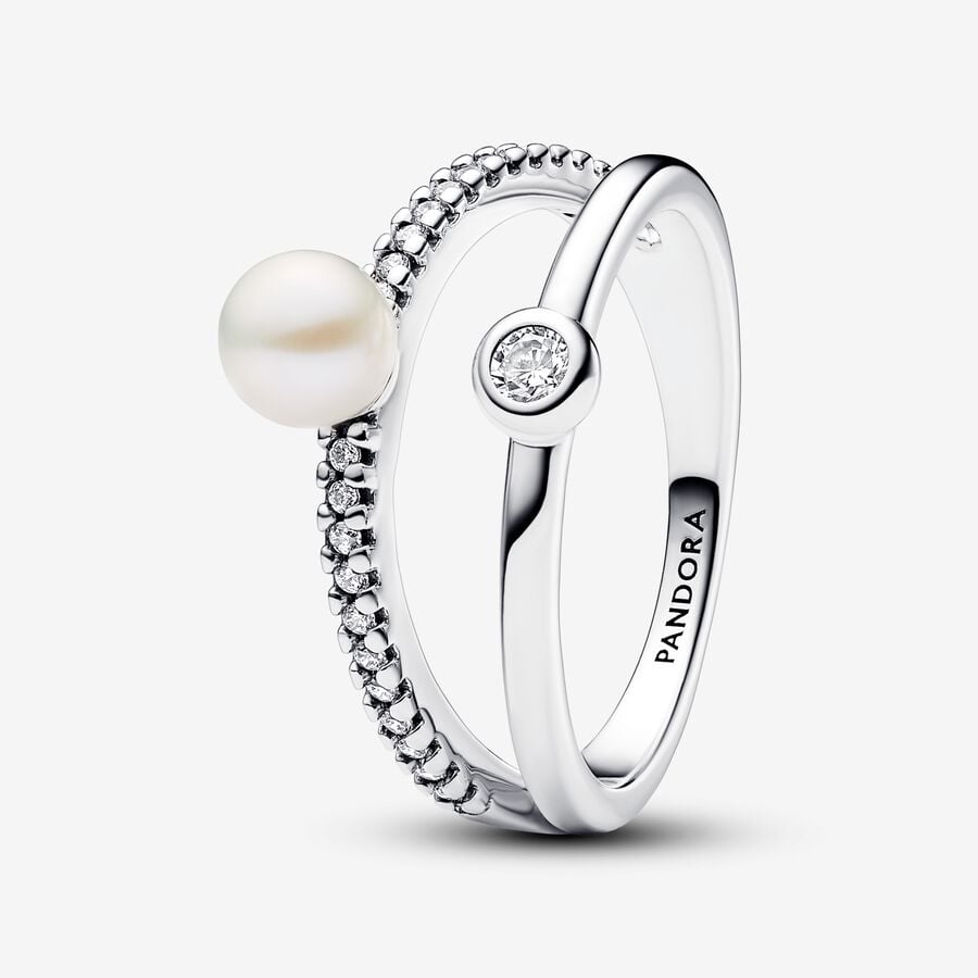 FINAL SALE - Pandora Treated Freshwater Cultured Pearl & Pavé Double Band Ring, Size 7