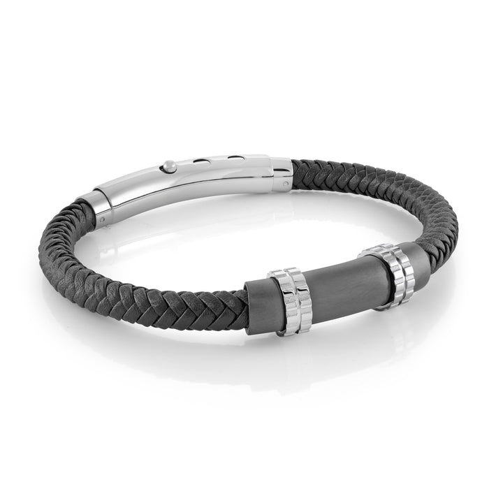 Italgem Stainless steel Gun-IP Black Leather Bracelet.