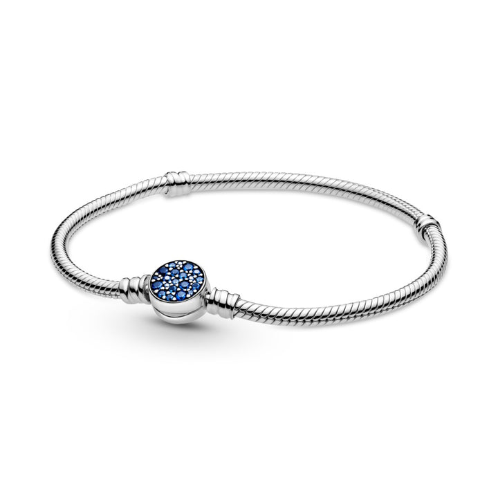 Pandora Moments Sparkling Blue Disc Clasp Snake Chain Bracelet, 7.9"