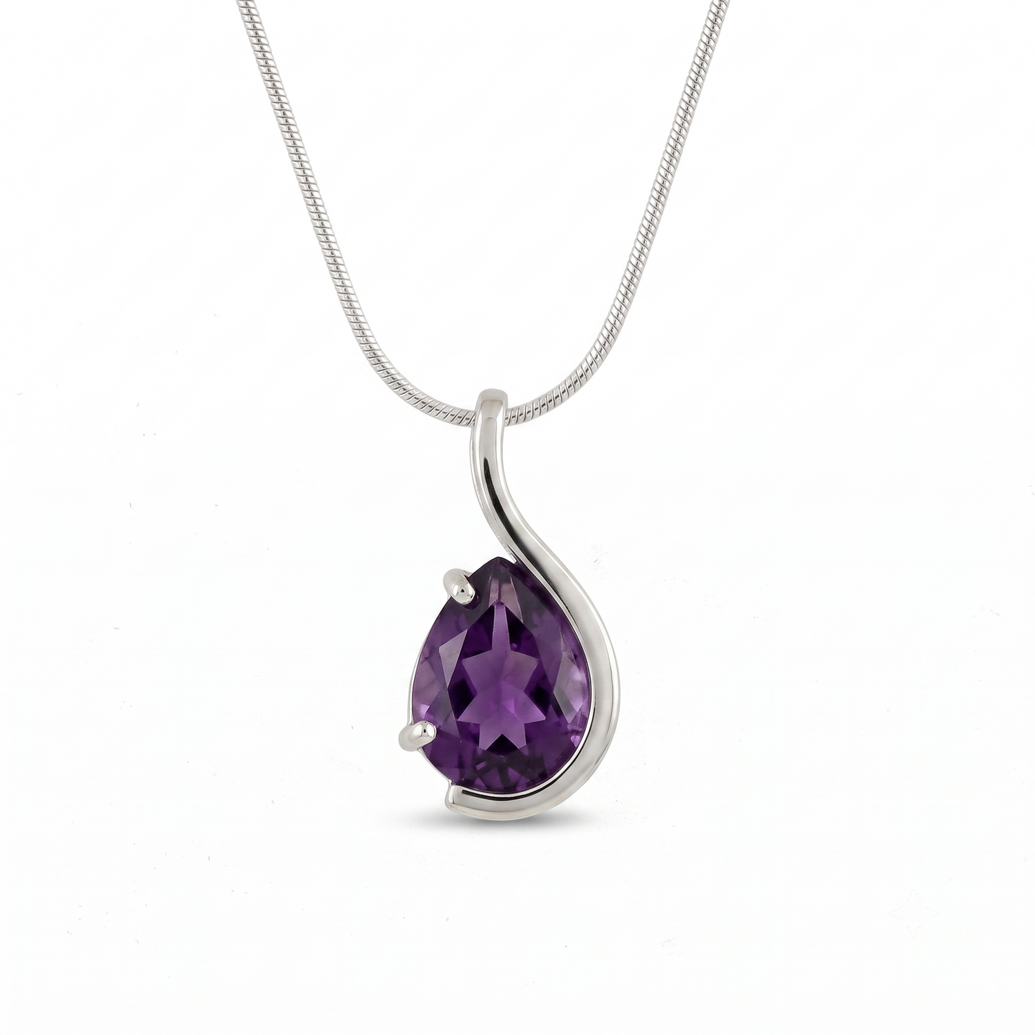 One-of-a-Kind Sterling Silver Pear Checkerboard Amethyst Curved Pendant, Chain Sold Separately