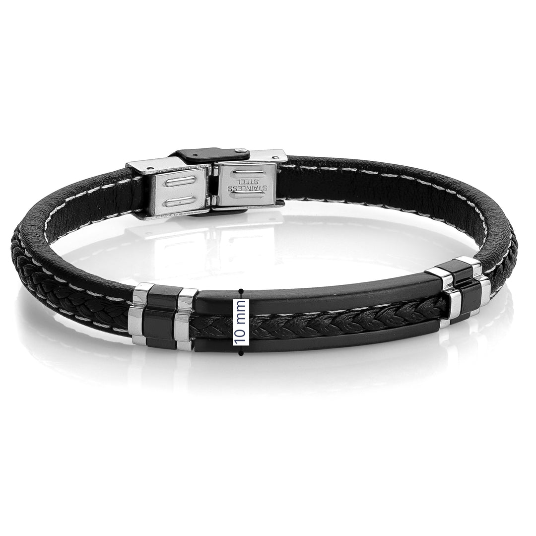 8.6MM Black & Steel Braided Leather Bracelet, 8"