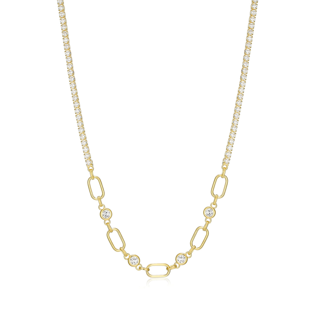 18k Gold-Plated Sterling Silver Half Tennis & Paperclip CZ Necklace