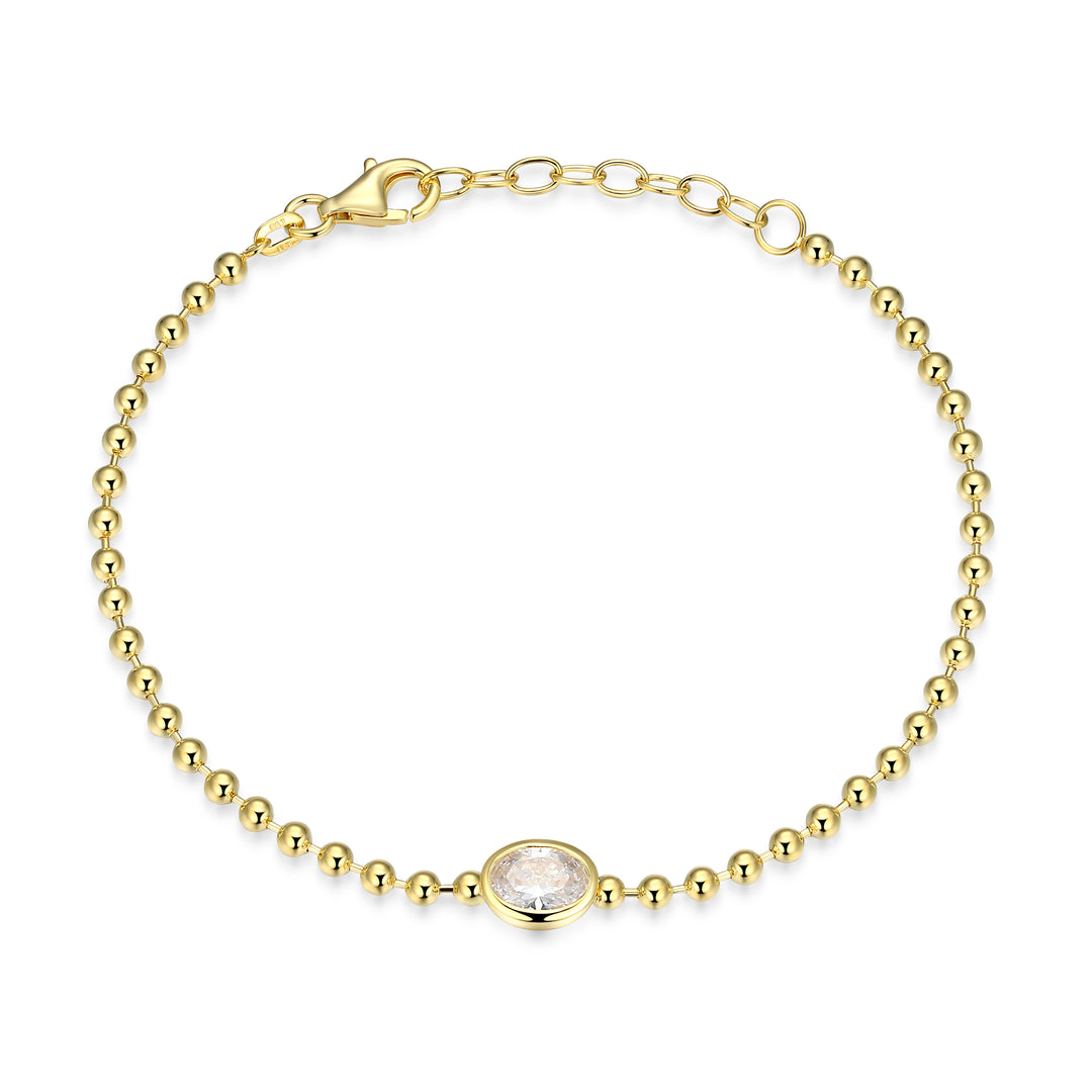 18k Gold-Plated 2.5mm Beaded Bracelet with Oval Diamondlite CZ
