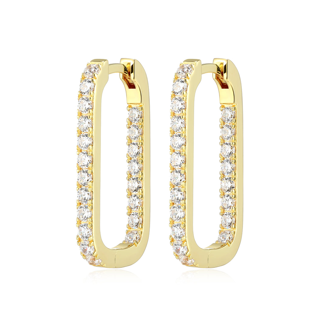 18k Gold-Plated Sterling Silver Elongated Rectangular Hoop Earrings with Diamondlite CZ