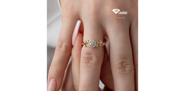 10K Vine Themed Halo Engagement Ring, 0.15 CT Center