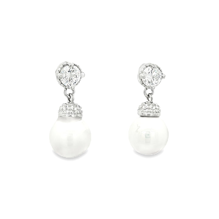 8MM Pearl & CZ Dangle Earring, Sterling Silver