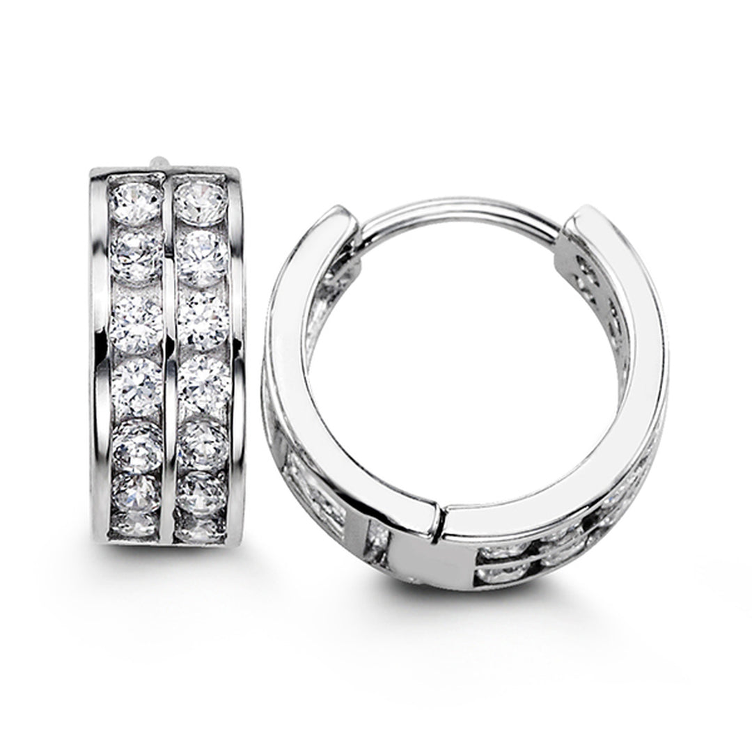 Silver 14MM Double Row CZ Huggie Hoops