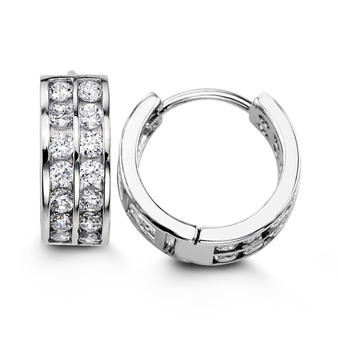 Silver 14MM Double Row CZ Huggie Hoops