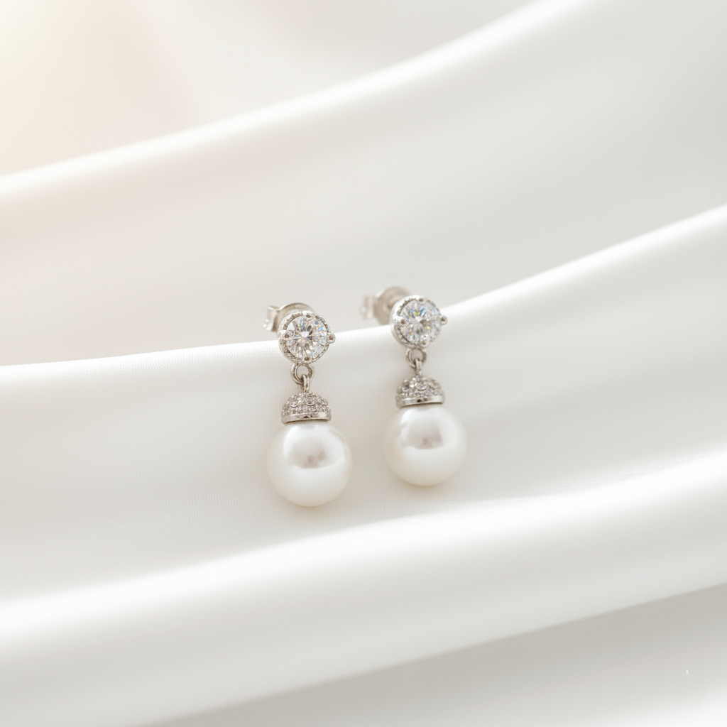 8MM Pearl & CZ Dangle Earring, Sterling Silver