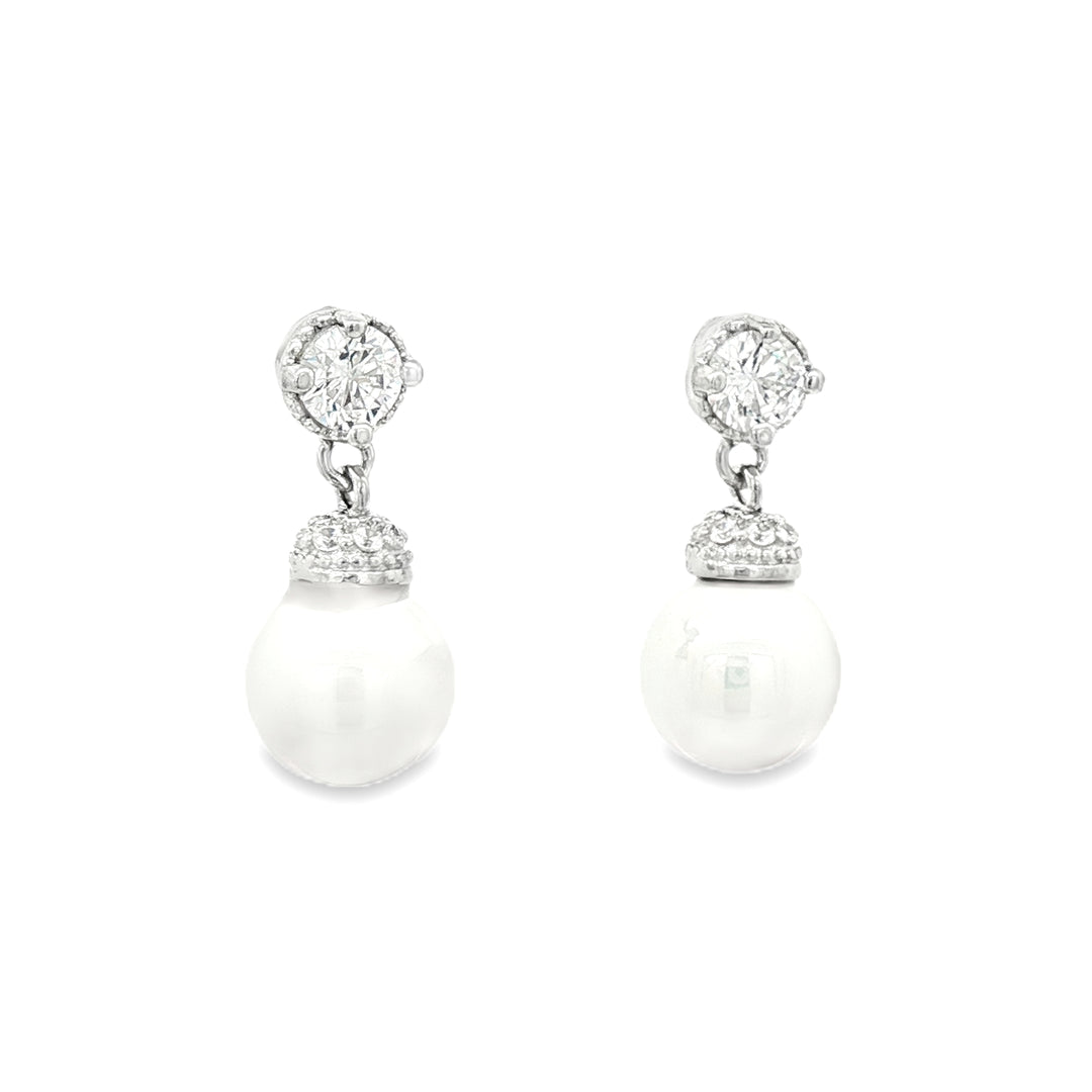 8MM Pearl & CZ Dangle Earring, Sterling Silver