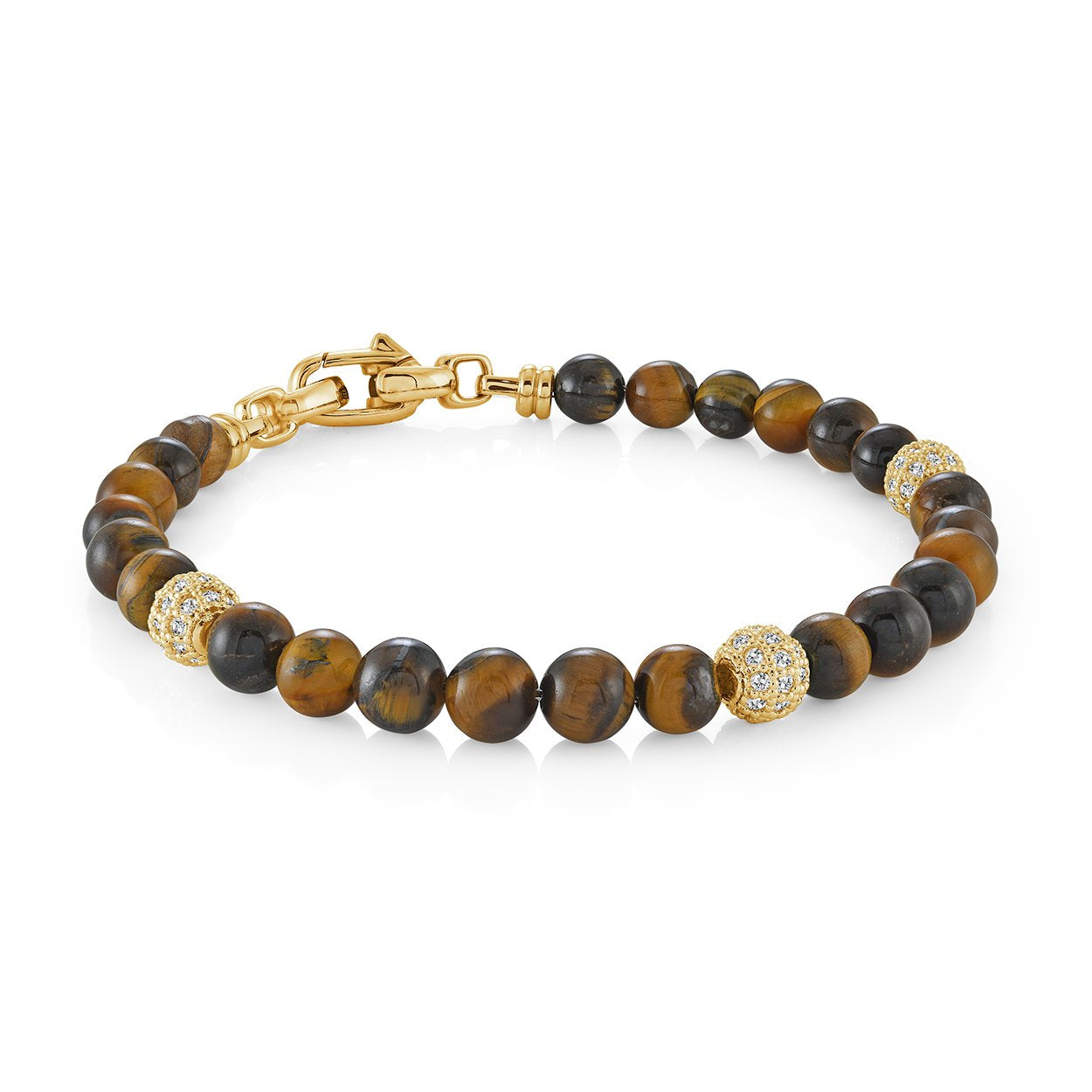Gold IP Stainless Steel Tiger’s Eye & CZ Bead Bracelet