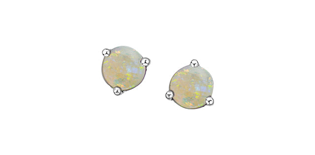 10K White Gold Round Opal Stud Earrings