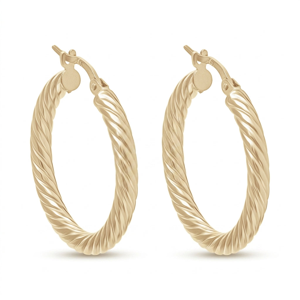 10k Yellow Gold Spiral Textured Hoop Earrings (25.8mm x 3mm)