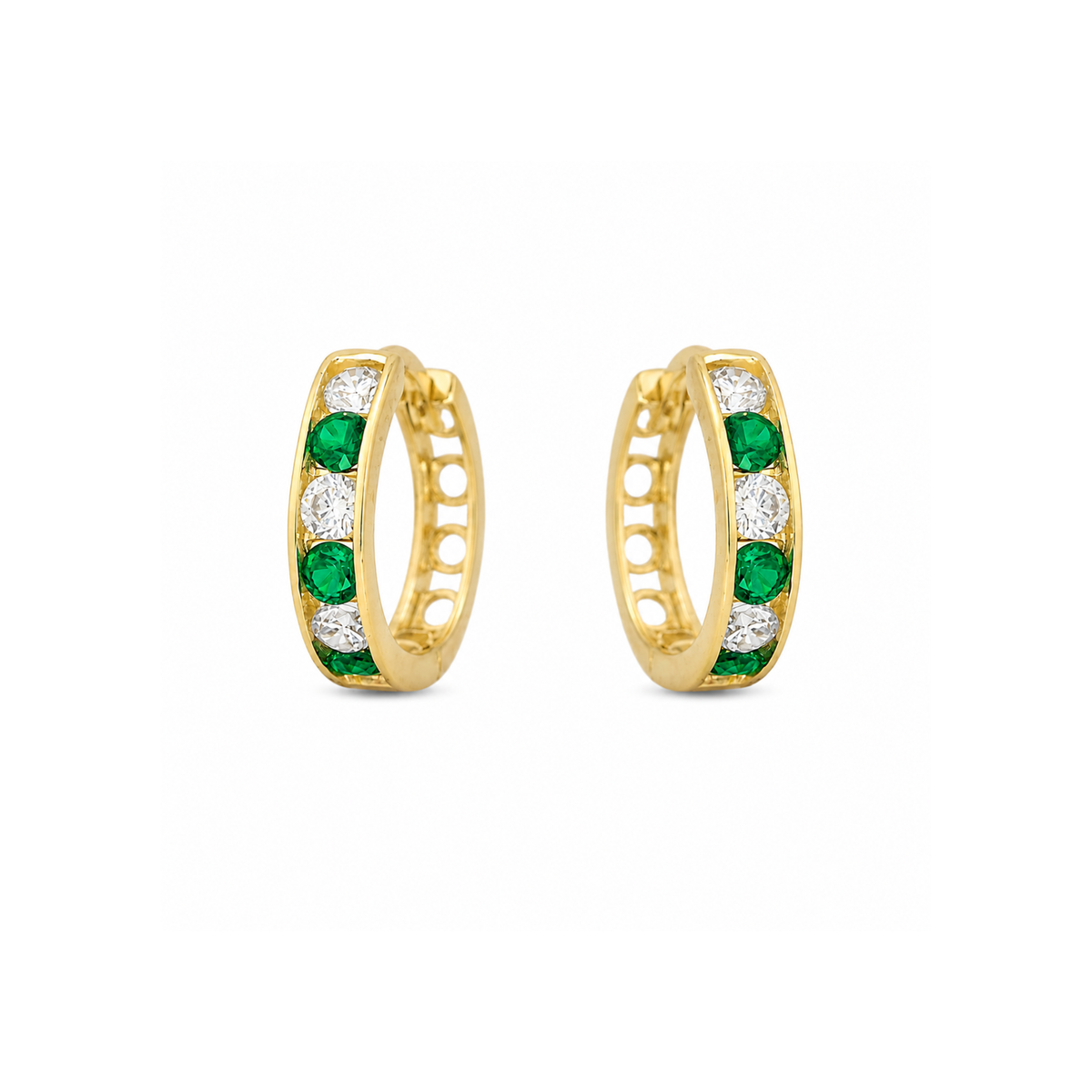 10k Yellow Gold Huggie Hoops with White and Green Cubic Zirconias