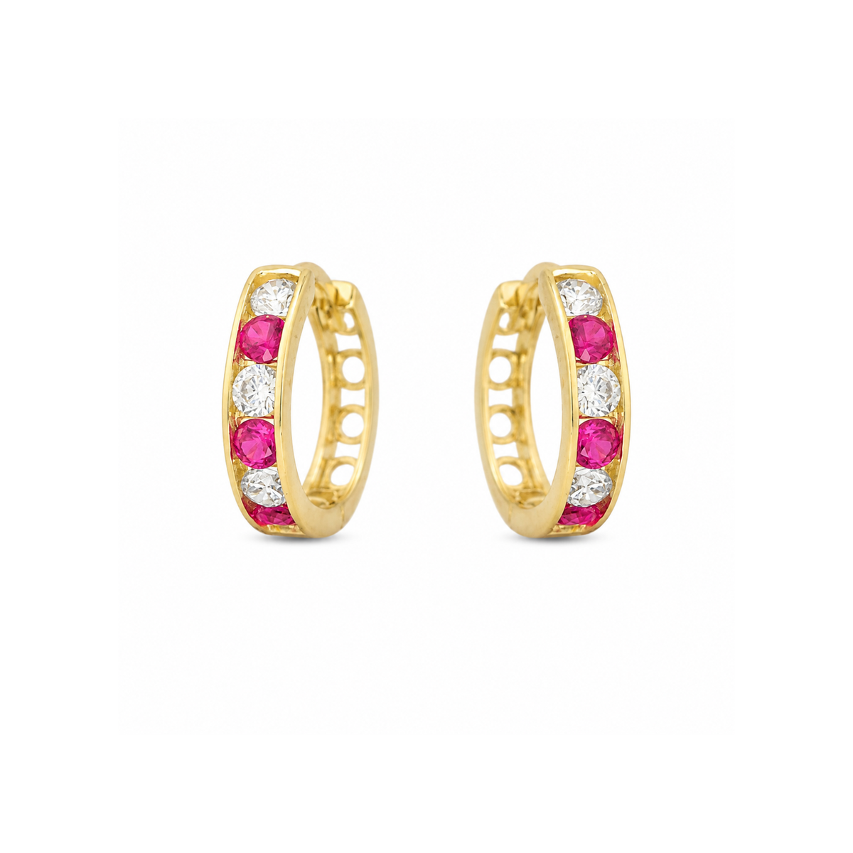 10k Yellow Gold Huggie Hoops with Red & White Cubic Zirconias