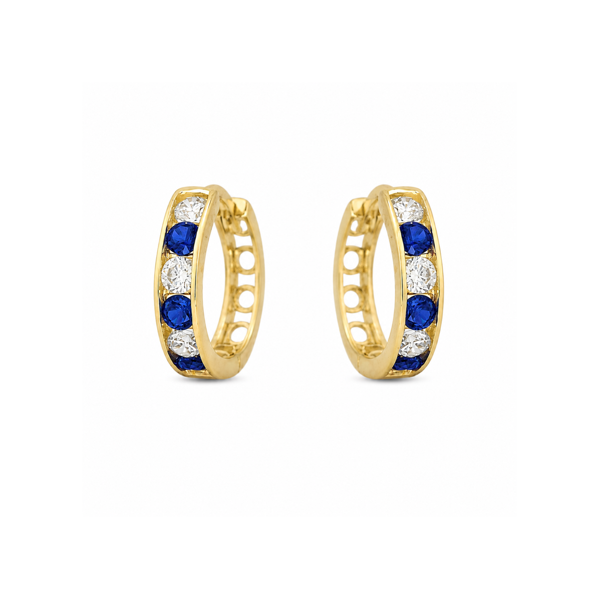 10k Yellow Gold Huggie Hoop Earrings with White and Blue Cubic Zirconias