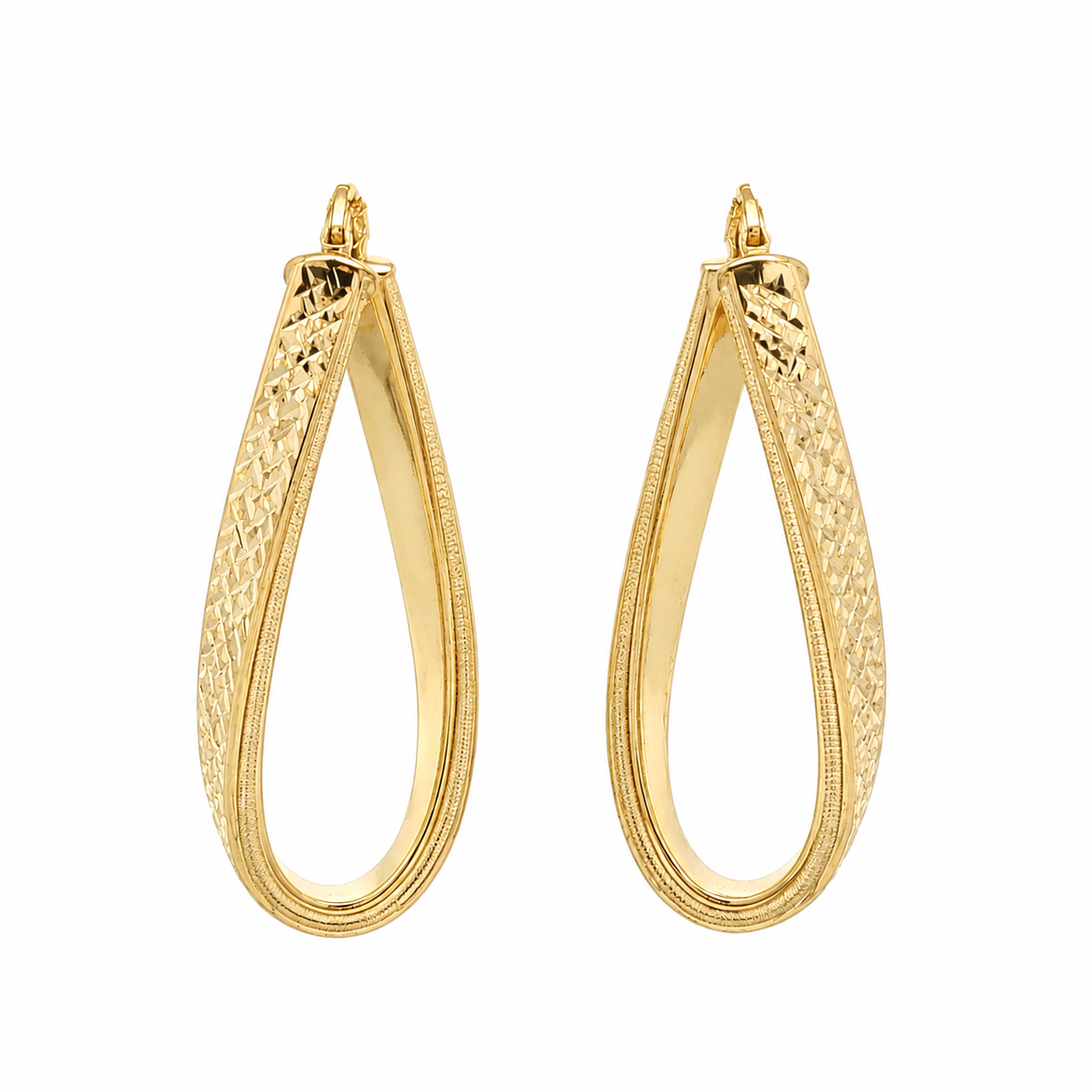 14K Elongated Textured Twist Hoop Earrings in Yellow Gold