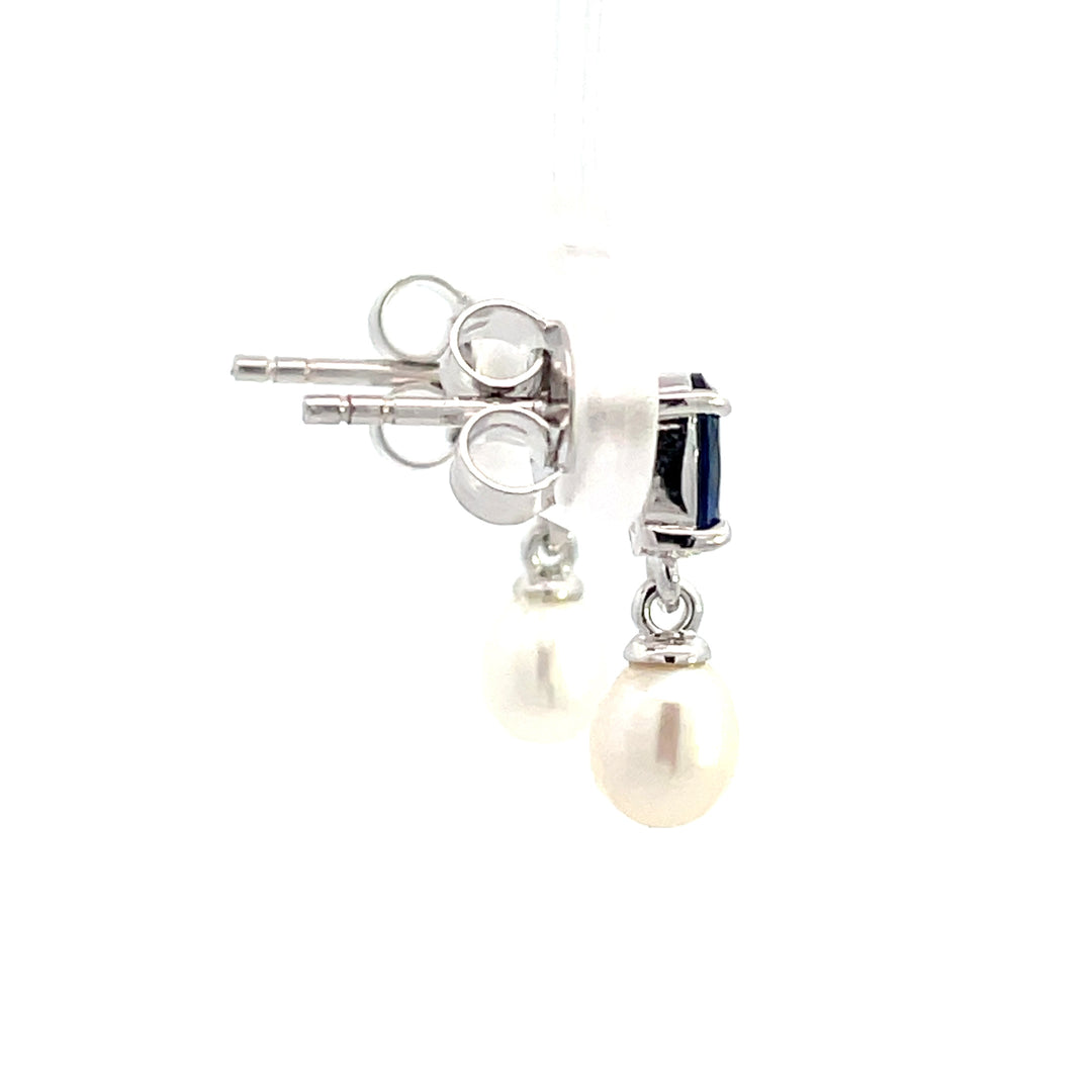 Freshwater Pearl & Sapphire Blue CZ Drop Earrings