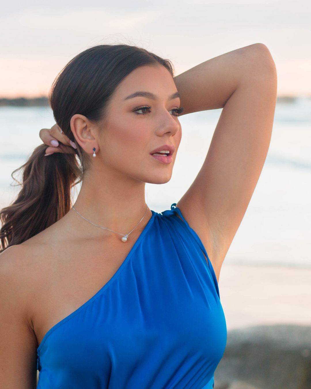 Freshwater Pearl & Sapphire Blue CZ Drop Earrings