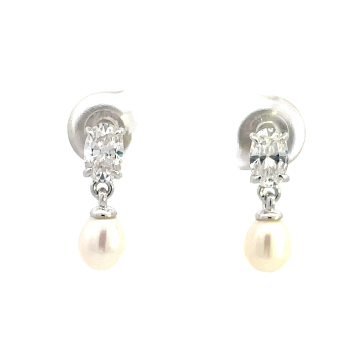 Oval Pearl & CZ Drop Earrings