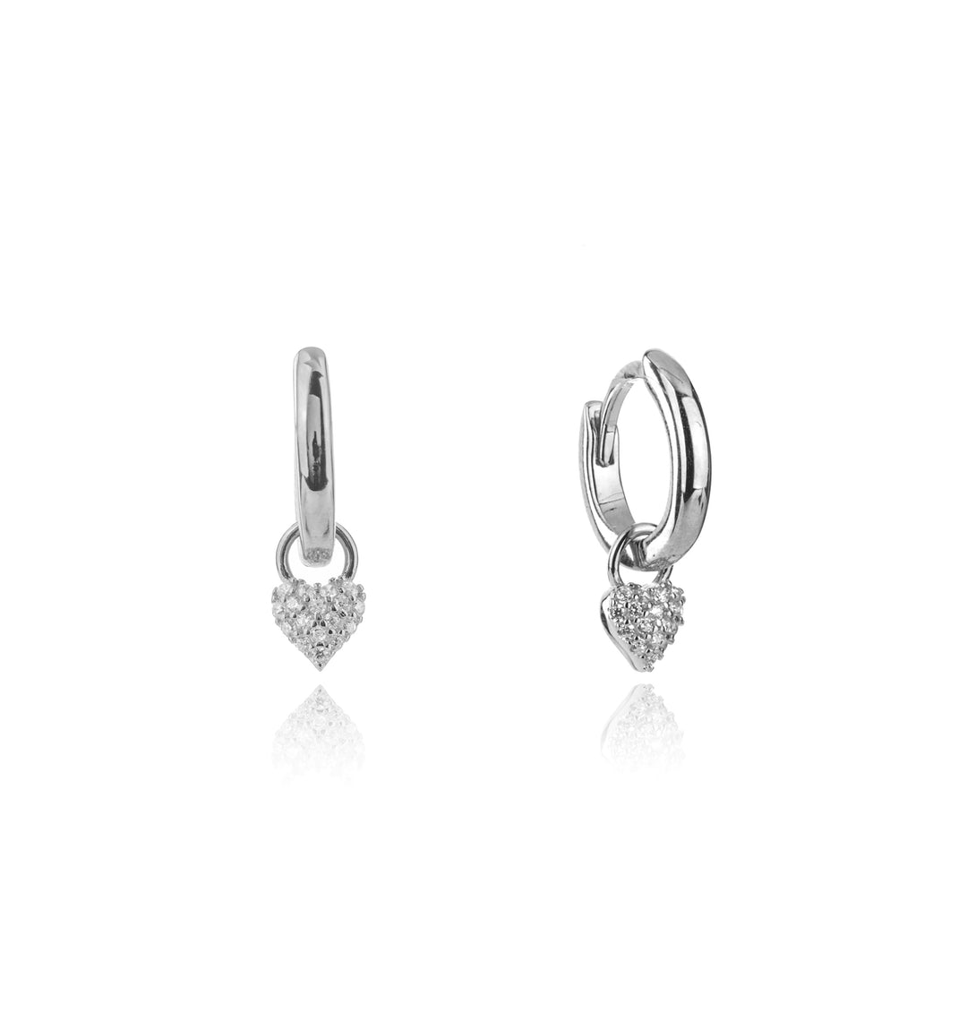 Rhodium-Plated Sterling Silver Removable Pavé Heart Huggie Earrings