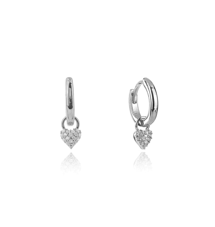 Rhodium-Plated Sterling Silver Removable Pavé Heart Huggie Earrings