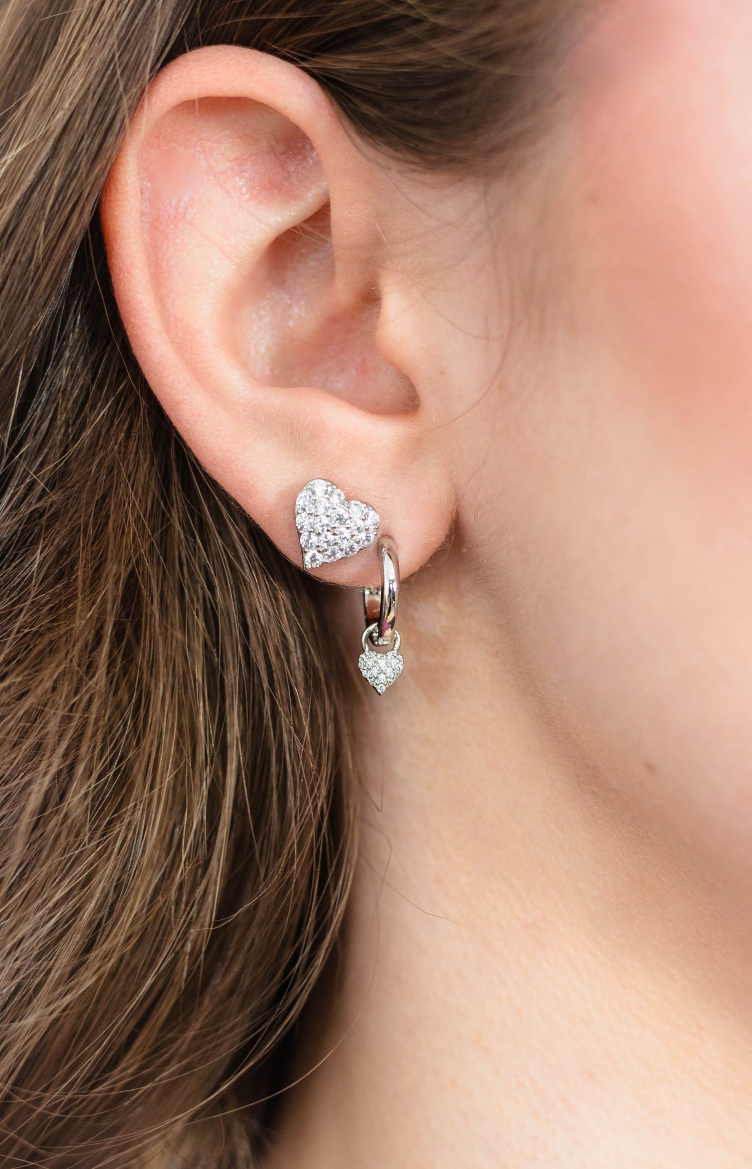Rhodium-Plated Sterling Silver Removable Pavé Heart Huggie Earrings