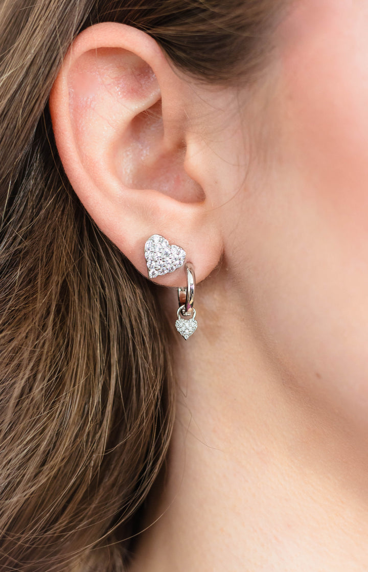 Rhodium-Plated Sterling Silver Removable Pavé Heart Huggie Earrings