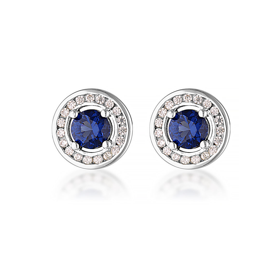 Round White & Blue CZ Halo Stud Earrings