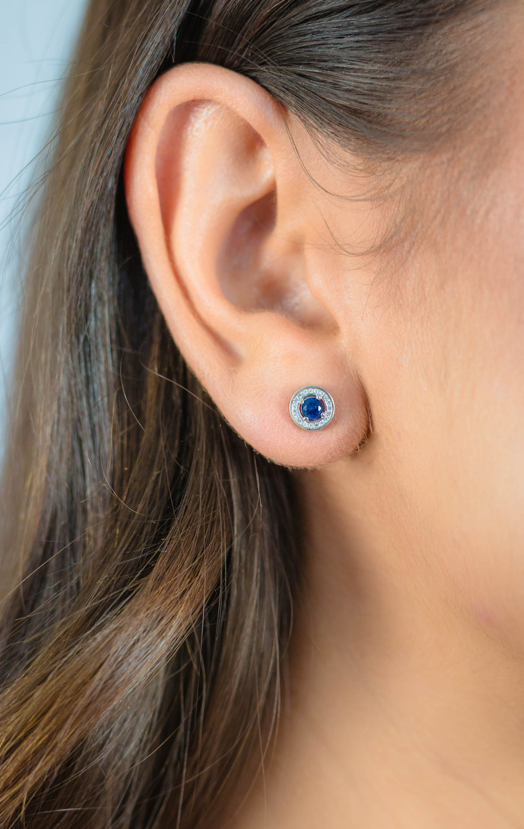 Round White & Blue CZ Halo Stud Earrings