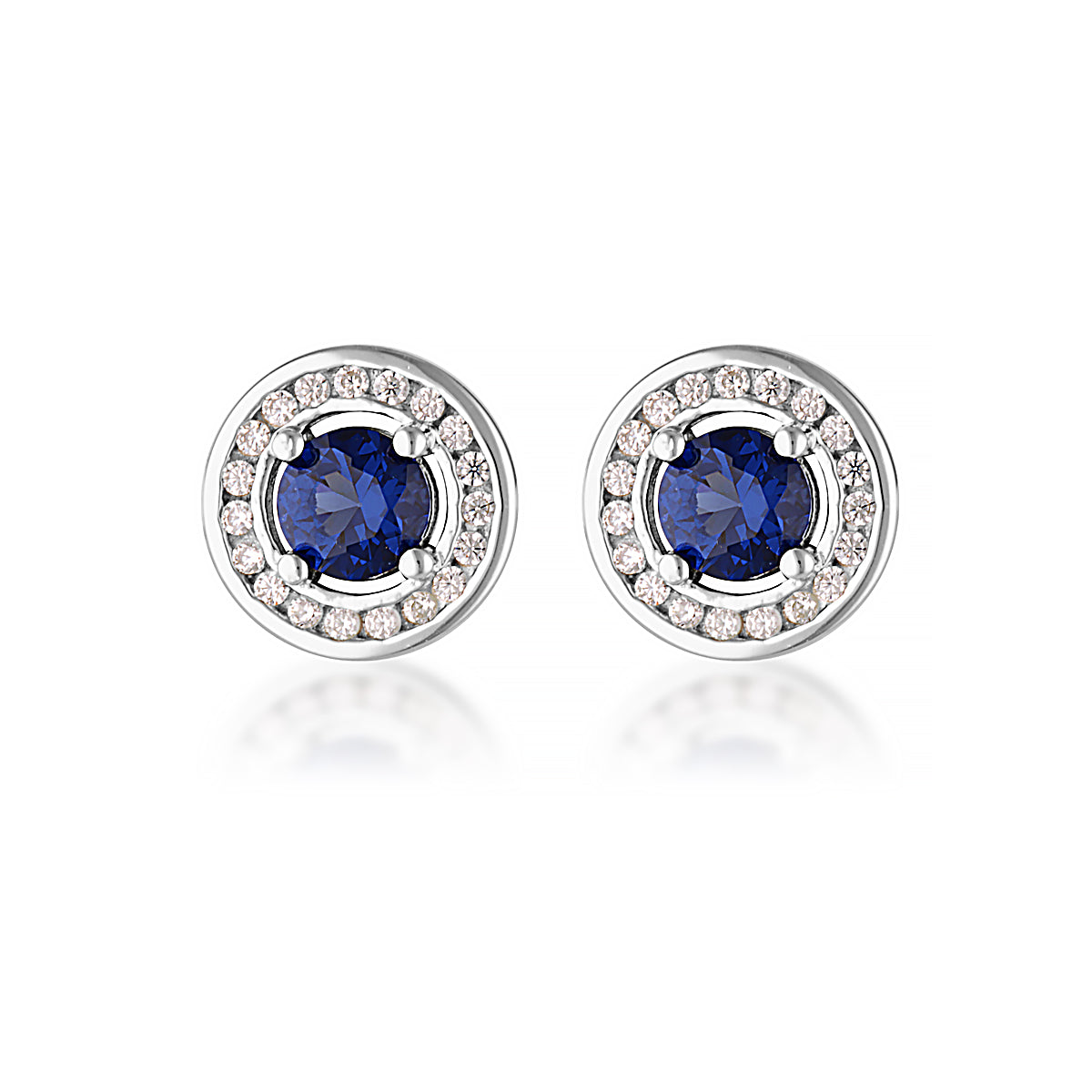Round White & Blue CZ Halo Stud Earrings