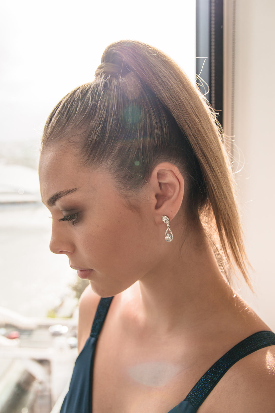 Aurora Radiance Rhodium-Plated Oval Drop Earrings