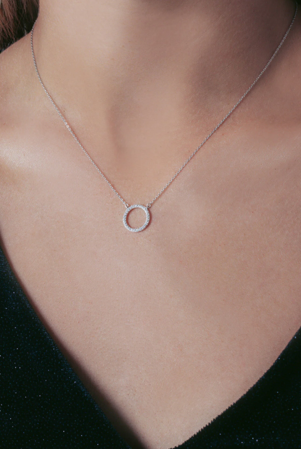 Open Circle Silver Necklace with CZ Accents, 18"