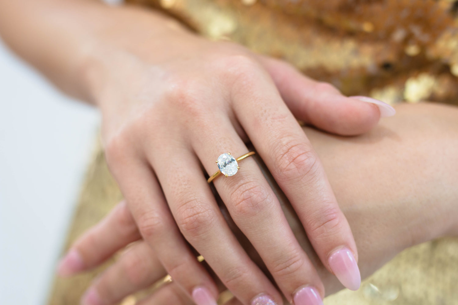 18K GP Oval Solitaire Ring, size 6.0