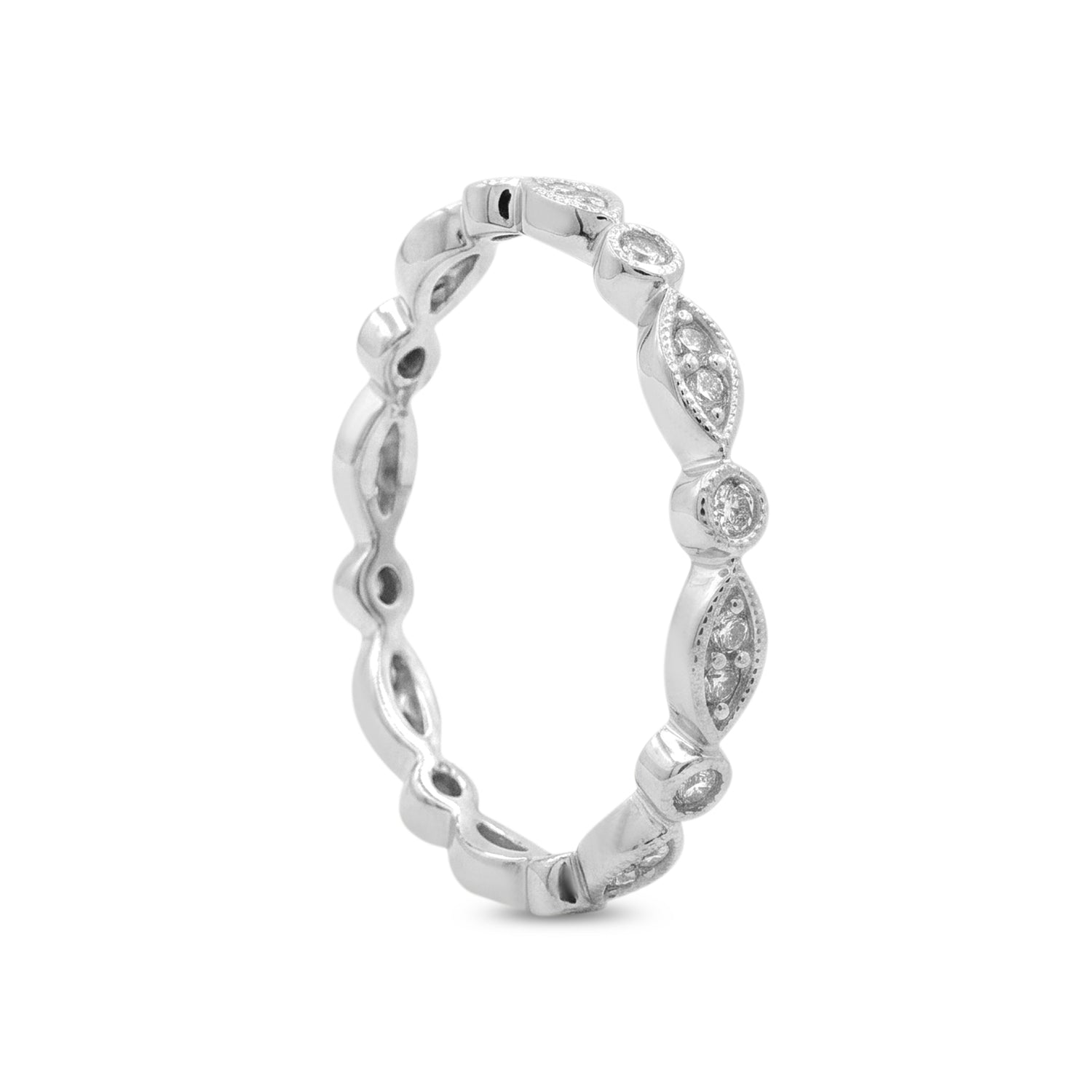 10k White Gold 0.11ctw Marquise & Round Station Diamond Wedding or Stacking Band