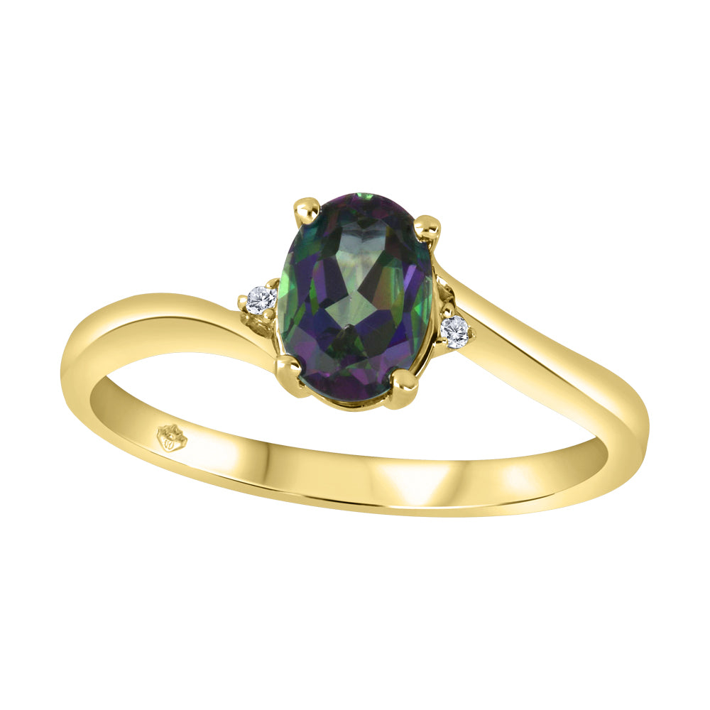 10K Yellow Gold Oval Mystic Topaz & Diamond Bypass Ring