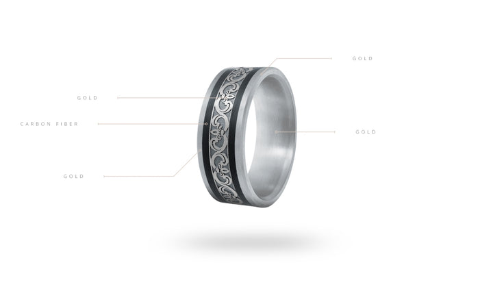 Mardini Noir - Carved Filigree 14K Gold and Carbon Fiber Ring