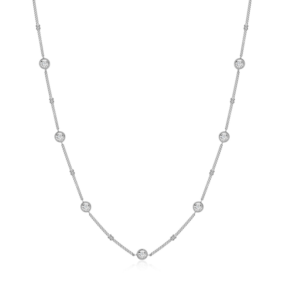 Sterling Silver 0.147ctw Lab-Created Diamond Bezel Station & Beaded Necklace
