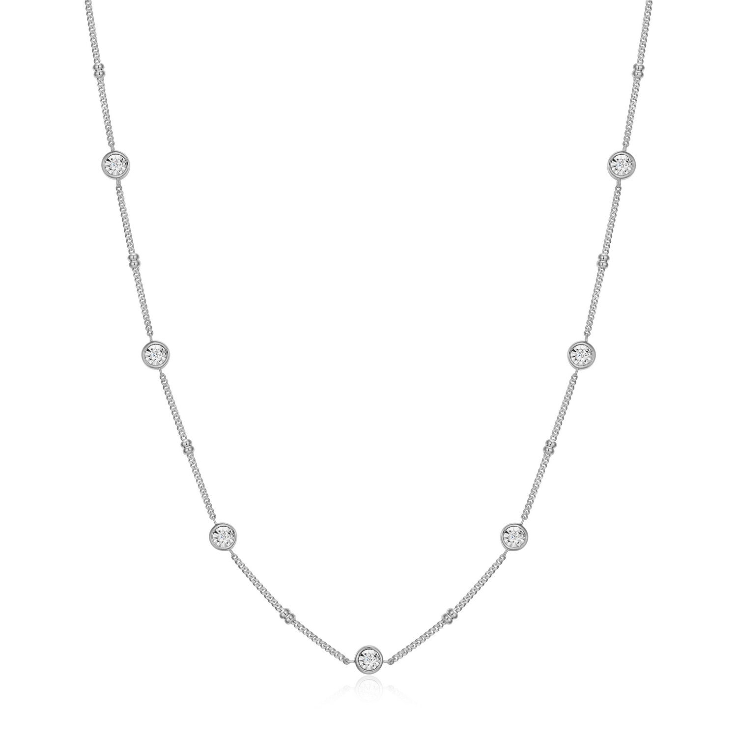 Sterling Silver 0.147ctw Lab-Created Diamond Bezel Station & Beaded Necklace