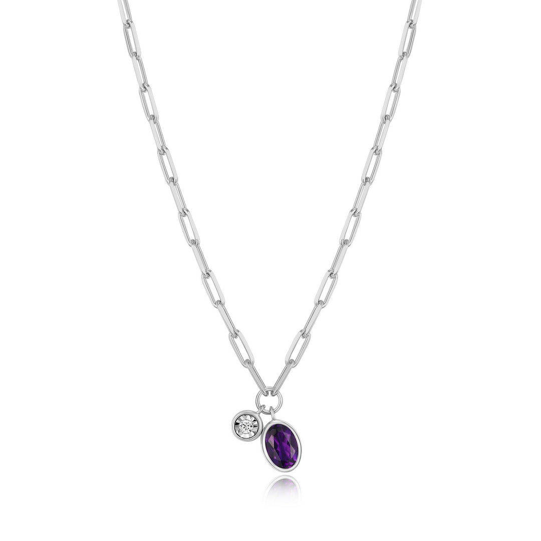 "M" Rhodium Sterling Silver Amethyst & Lab Diamond Paperclip Necklace