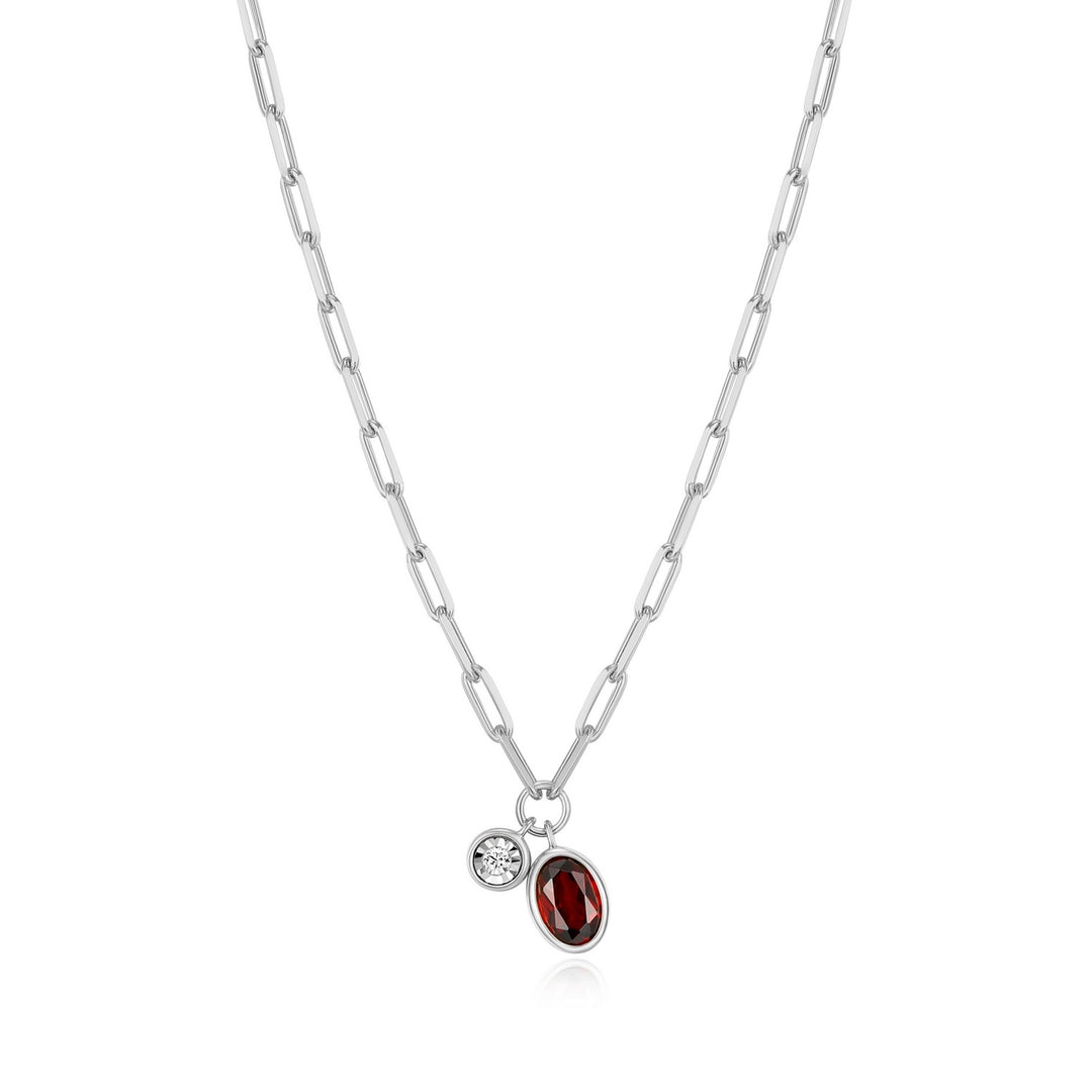 Sterling Silver Genuine Garnet & Lab-Created Diamond Paperclip Necklace