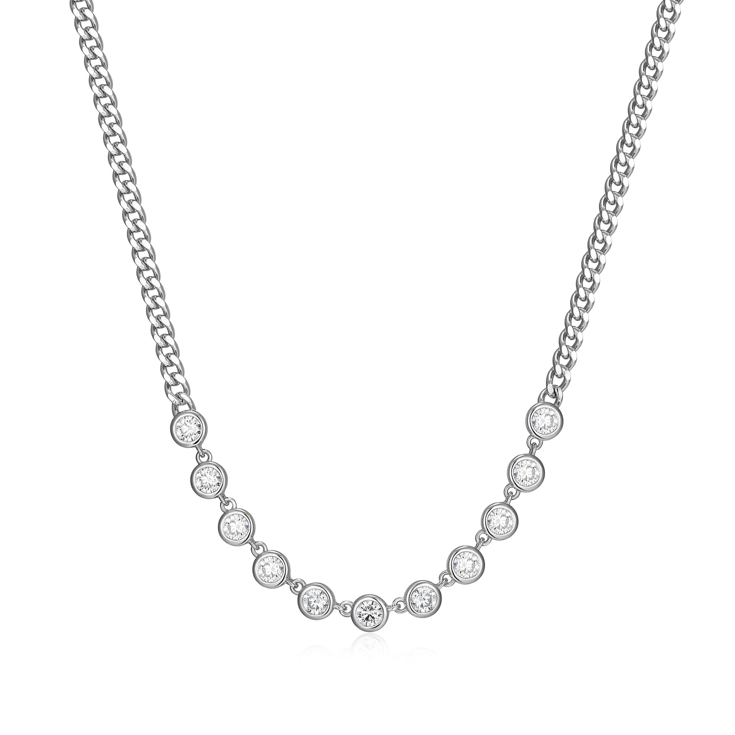 Sterling Silver 2.7mm Curb Chain Necklace with 11 Bezel-Set Diamondlite CZ