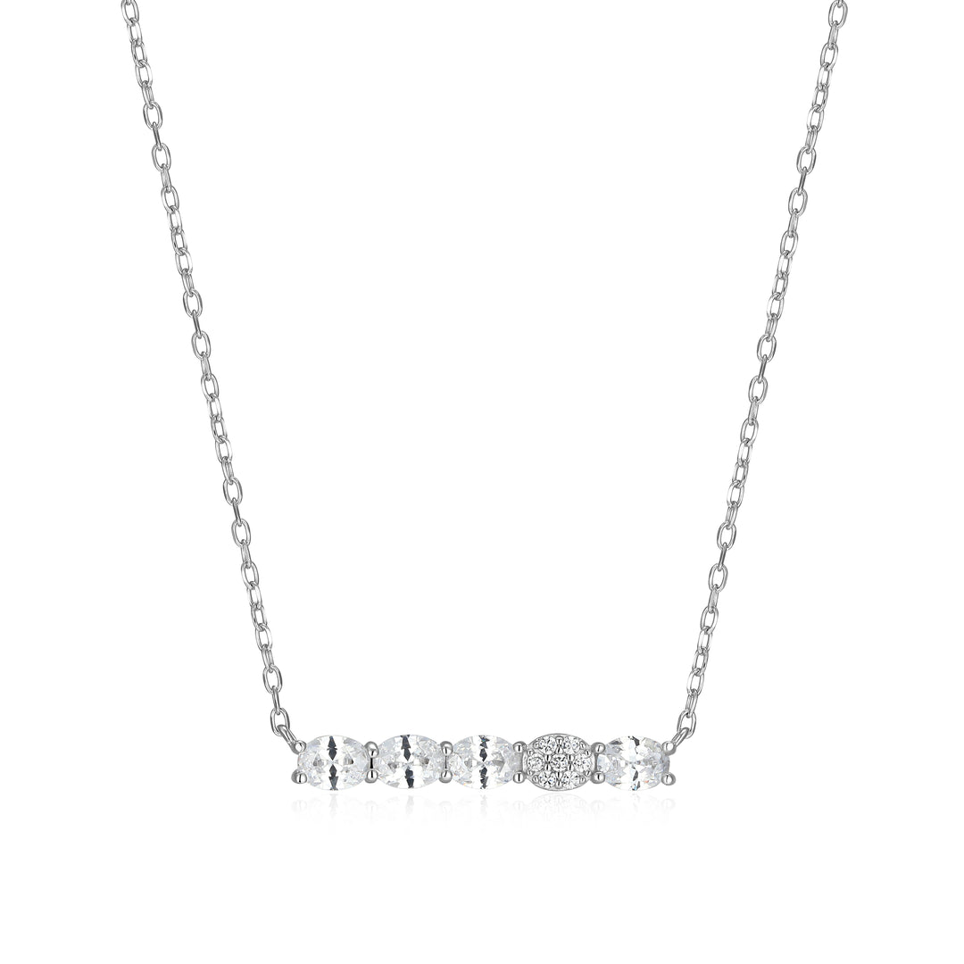 Sterling Silver Oval and Cluster Diamondlite CZ Bar Necklace
