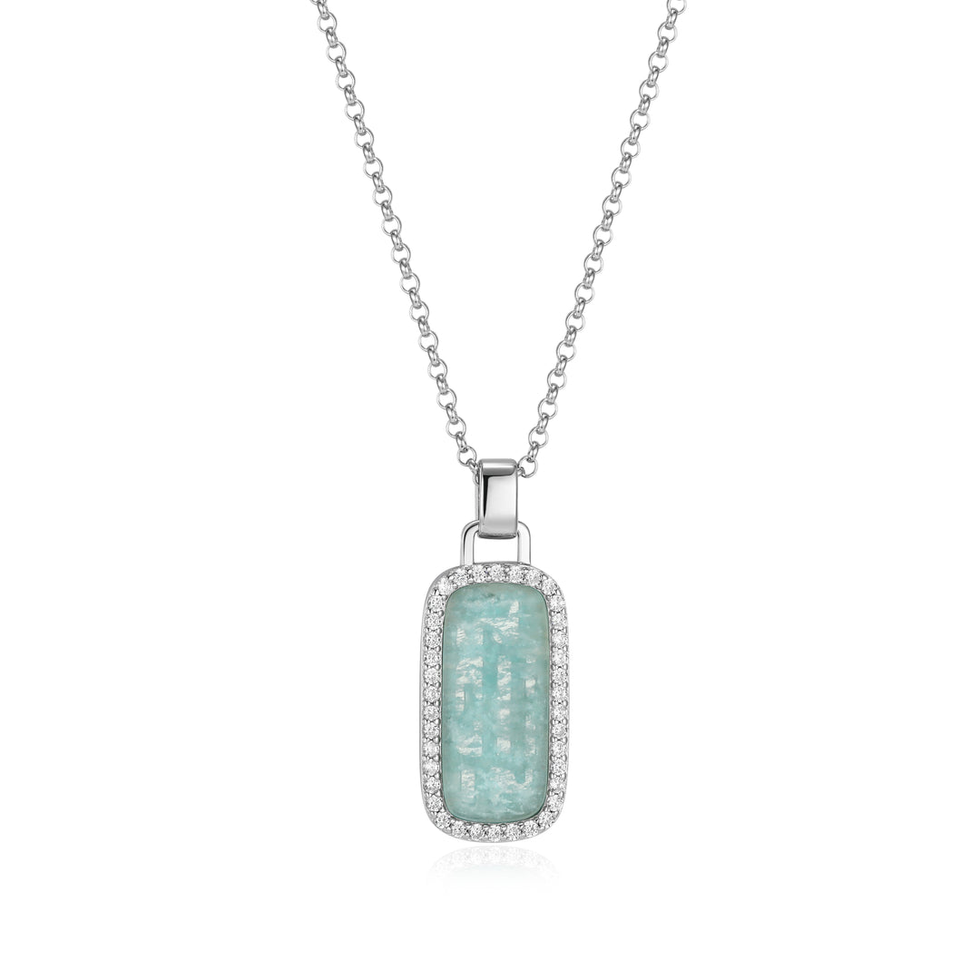 8mm Amazonite Rectangular Halo Pendant with CZ Accents.