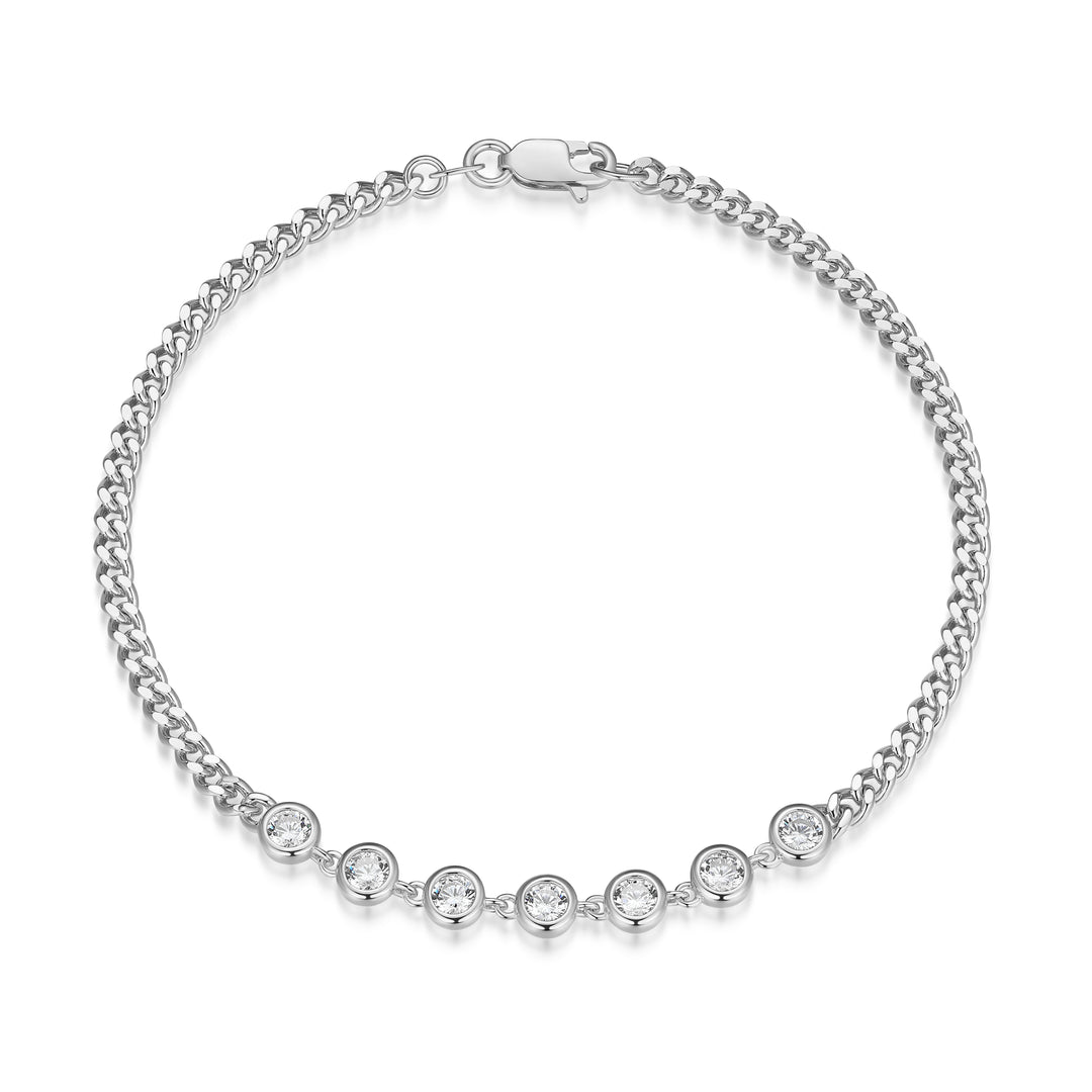 Sterling Silver 2.6mm Curb Chain Bracelet with 7 Bezel-Set Diamondlite CZ