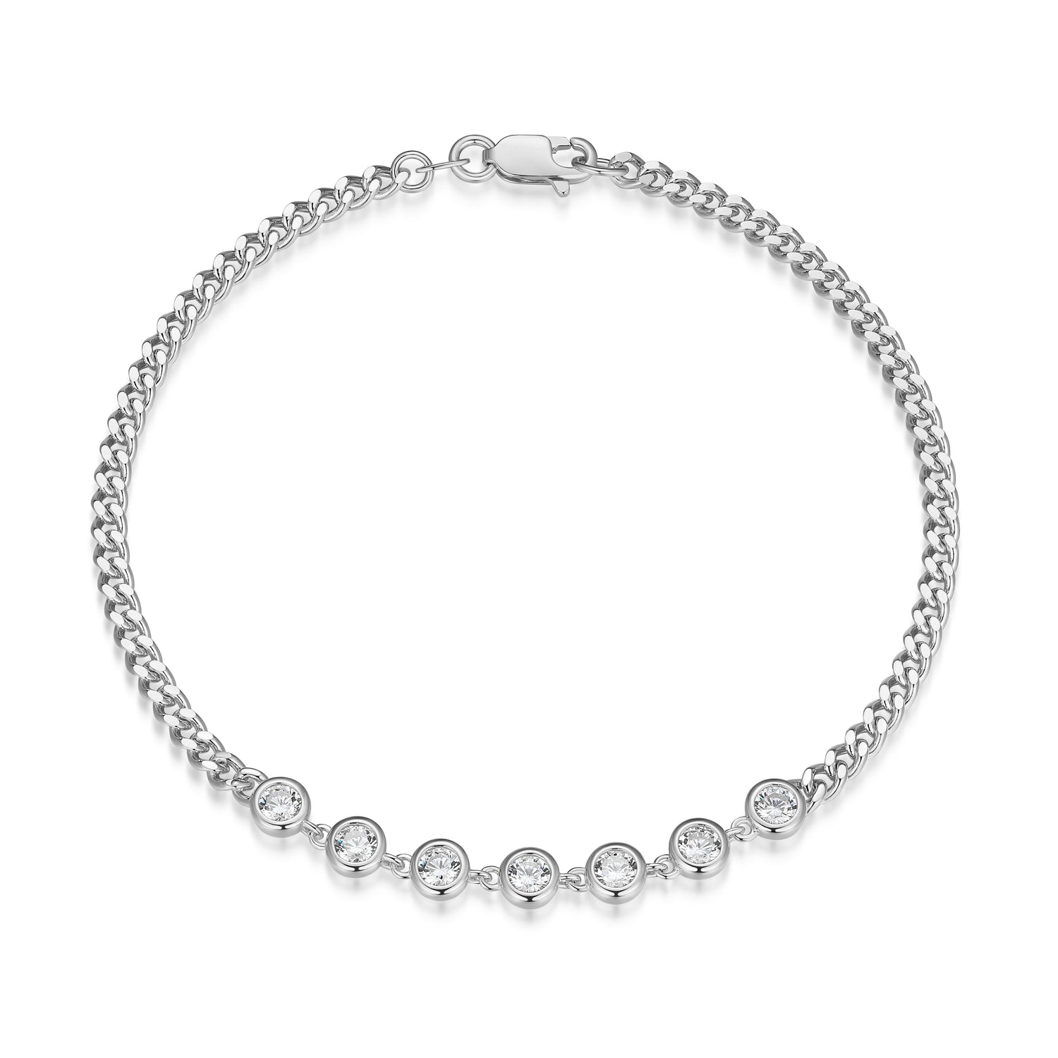 Sterling Silver 2.6mm Curb Chain Bracelet with 7 Bezel-Set Diamondlite CZ