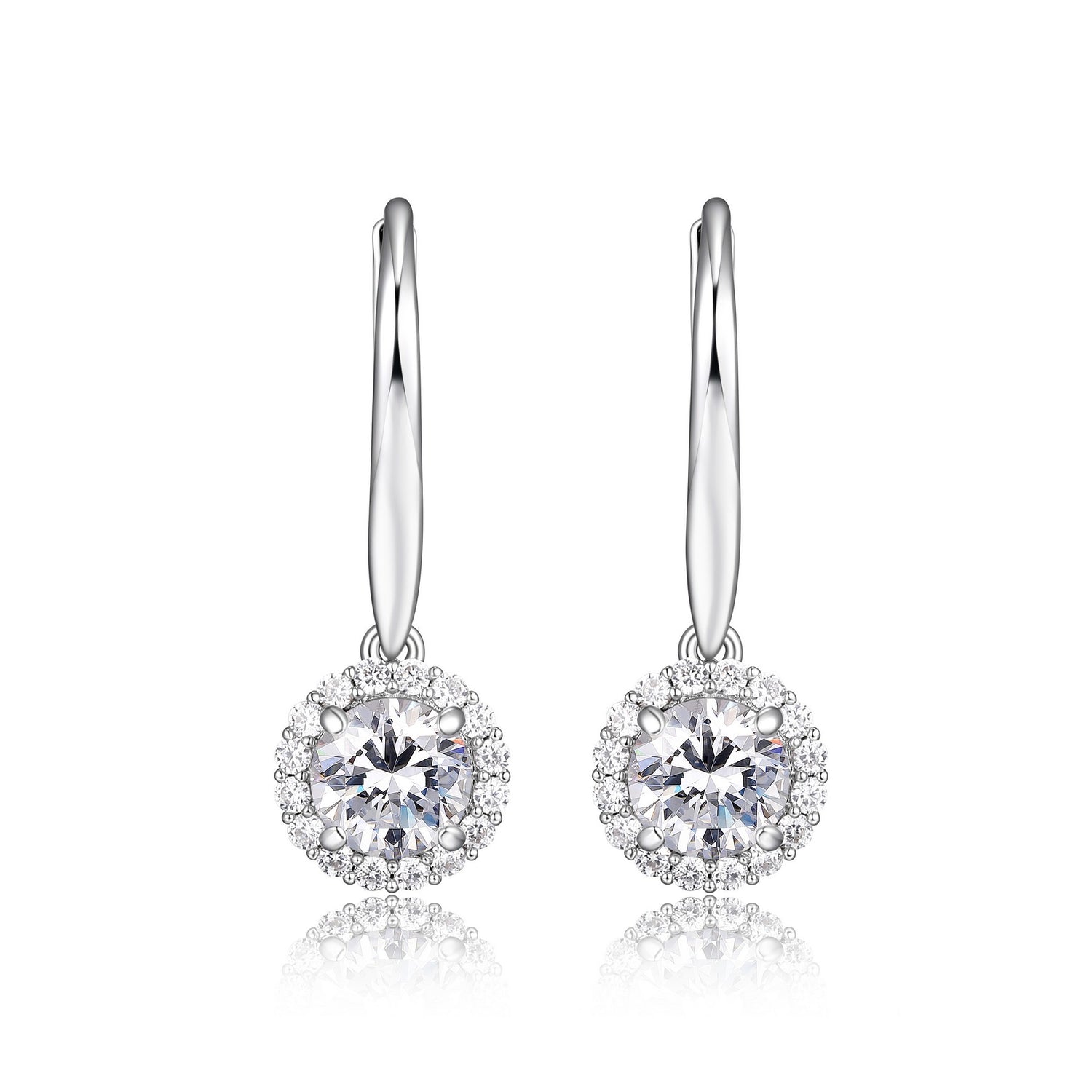 Round Halo CZ Silver Drop Earrings